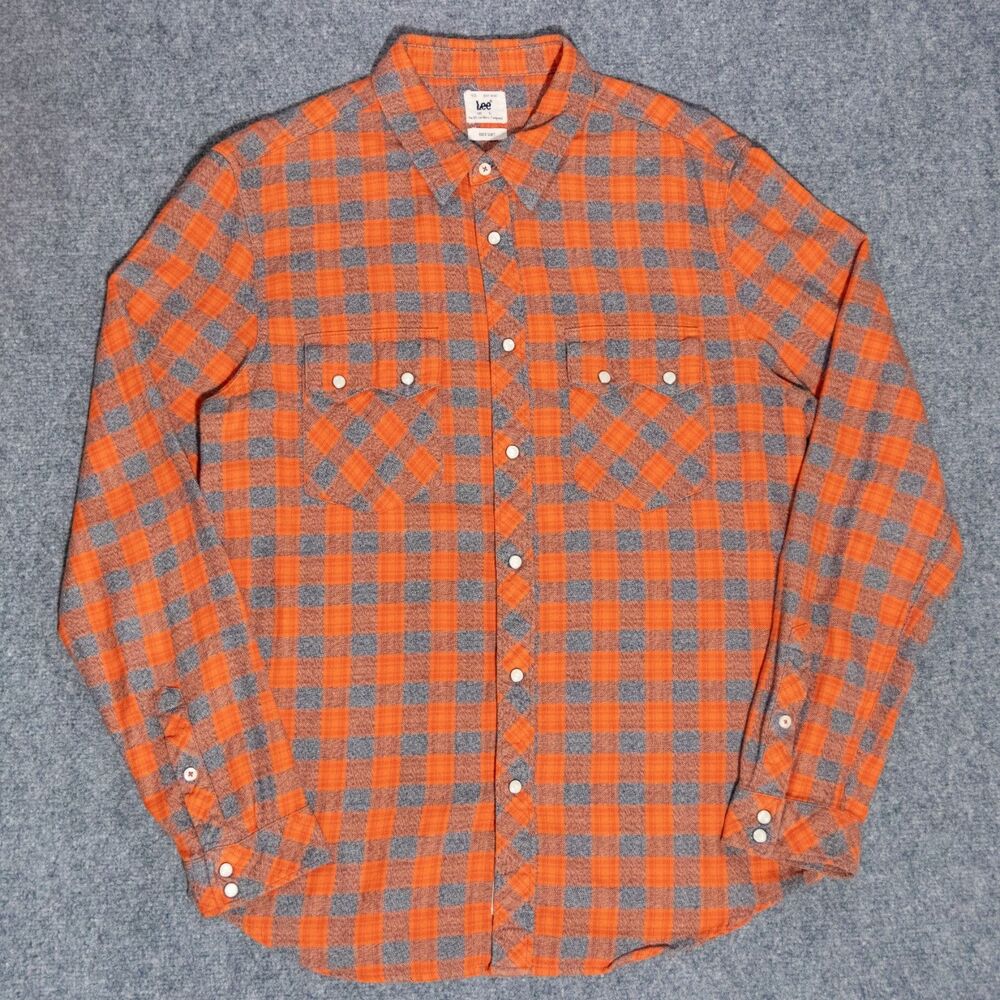 Lee Rider Shirt Pearl Snap Button Down Men's Large Western Orange Plaid Sawtooth